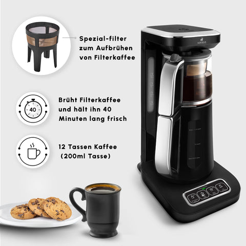 Karaca Caysever Robotea Pro 4 in 1, automatische theezetter, waterkooker en filterkoffiezetter met spraakfunctie, 2500 W, chroom