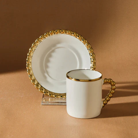 Karaca Boncuk 12-Piece Bone China Espresso Turkish Coffee Cup Set For 6 Persons, 80 Ml, White Gold