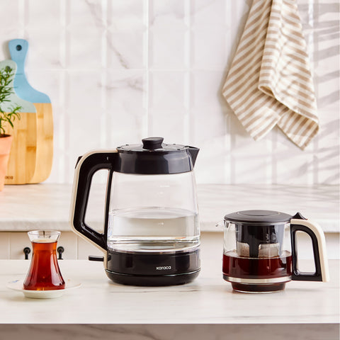 Karaca Glass Tea XL 2in1 Glazen Theemachine en Waterkoker Crème