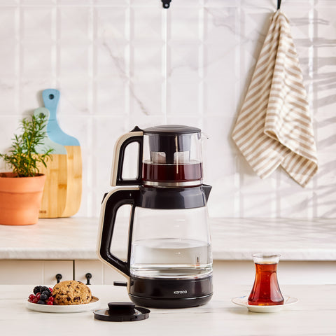 Karaca Glass Tea XL 2in1 Glazen Theemachine en Waterkoker Crème