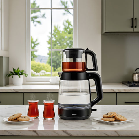 Karaca Glass Tea XL 2in1 Glazen Theemaker en Waterkoker Space Gray