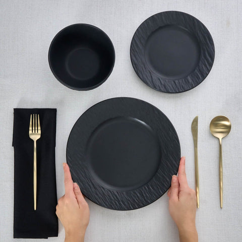 Karaca Solem Embossed - 18-Piece Stoneware Dinner Set for 6 People, Black
