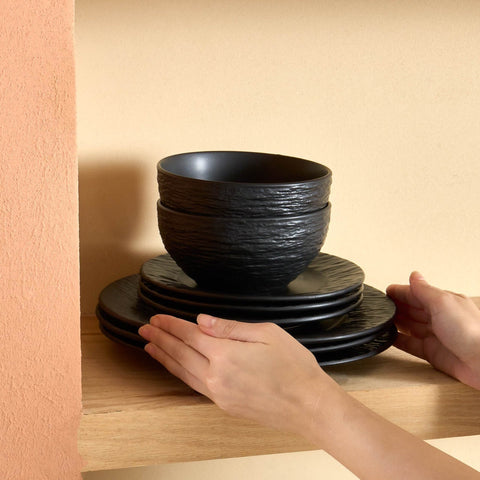 Karaca Solem Embossed - 18-Piece Stoneware Dinner Set for 6 People, Black
