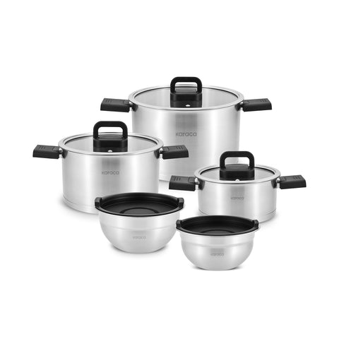 Karaca Aşiyan – 10-Piece Stainless Steel Cookware Set with Foldable Handles