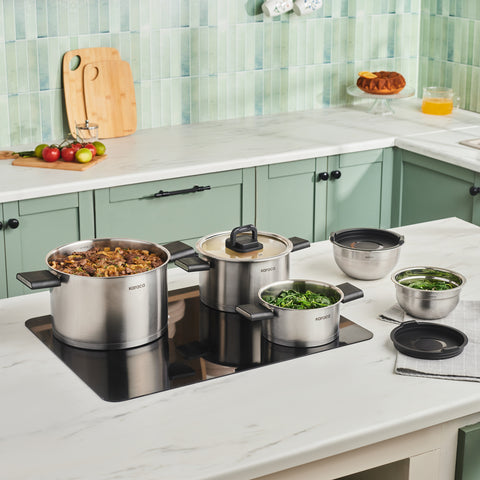 Karaca Aşiyan – 10-Piece Stainless Steel Cookware Set with Foldable Handles