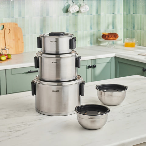 Karaca Aşiyan – 10-Piece Stainless Steel Cookware Set with Foldable Handles