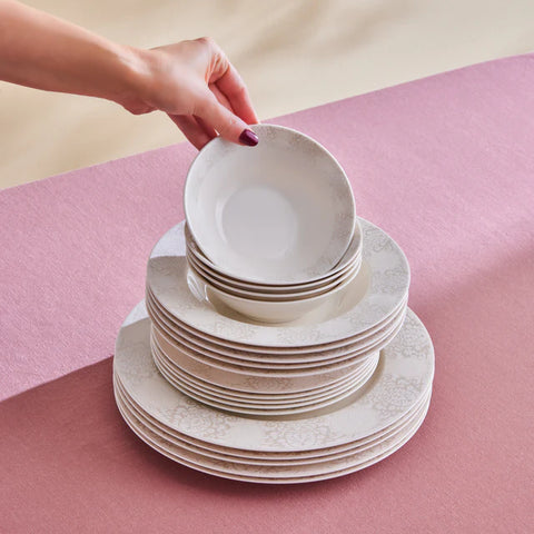 Karaca Forever Bone China New Olio 53-Piece Dinner Set for 12 People, White
