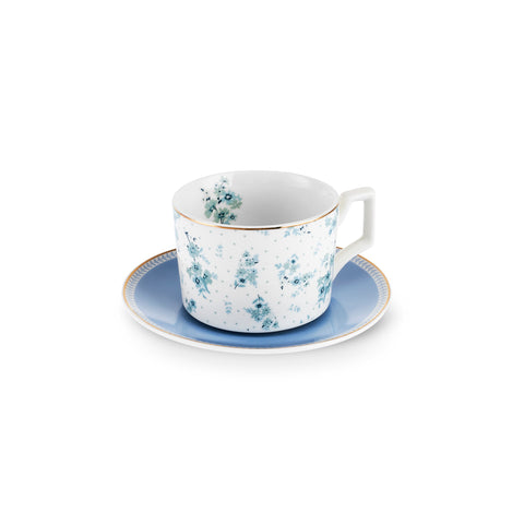 Karaca Jardin 4-delige Bone China Theekop- en Schotelset voor 2 Personen, 230 ml, Blauw