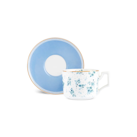 Karaca Jardin 4-delige Bone China Theekop- en Schotelset voor 2 Personen, 230 ml, Blauw