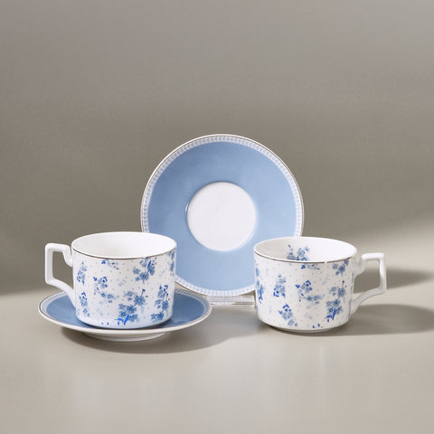Karaca Jardin 4-delige Bone China Theekop- en Schotelset voor 2 Personen, 230 ml, Blauw