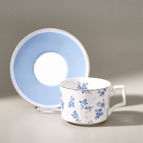 Karaca Jardin 4-delige Bone China Theekop- en Schotelset voor 2 Personen, 230 ml, Blauw