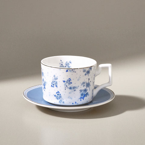 Karaca Jardin 4-delige Bone China Theekop- en Schotelset voor 2 Personen, 230 ml, Blauw