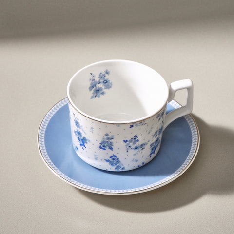 Karaca Jardin 4-delige Bone China Theekop- en Schotelset voor 2 Personen, 230 ml, Blauw