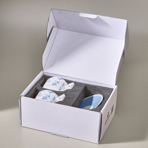 Karaca Jardin 4-delige Bone China Theekop- en Schotelset voor 2 Personen, 230 ml, Blauw
