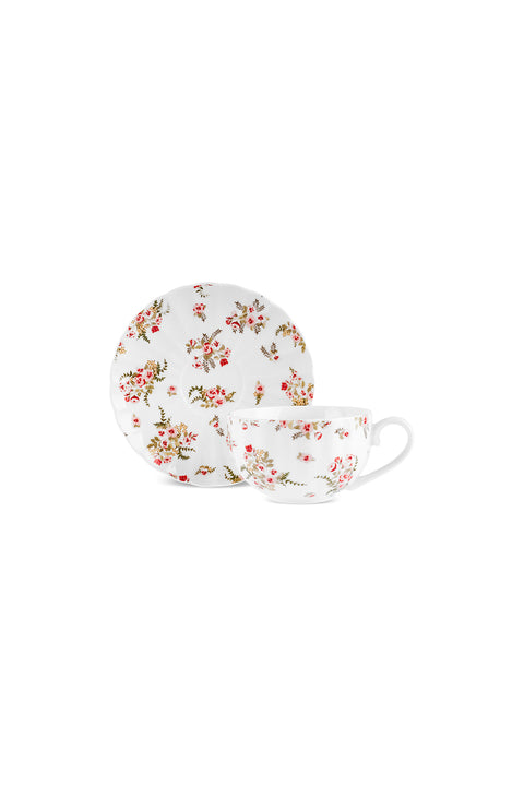 Karaca Blossom 12-Piece Bone China Tea Cup and Saucer Set for 6 People, 220 ml, Red