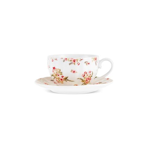Karaca Blossom 12-Piece Bone China Tea Cup and Saucer Set for 6 People, 220 ml, Red