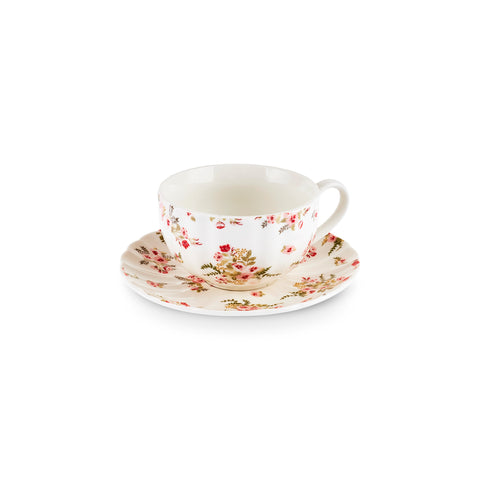 Karaca Blossom 12-Piece Bone China Tea Cup and Saucer Set for 6 People, 220 ml, Red