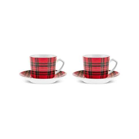 Karaca Ekose V2 4-Delig Bone China Espresso Turks Koffiekopjesset Voor 2 Personen, 80 Ml, Rood