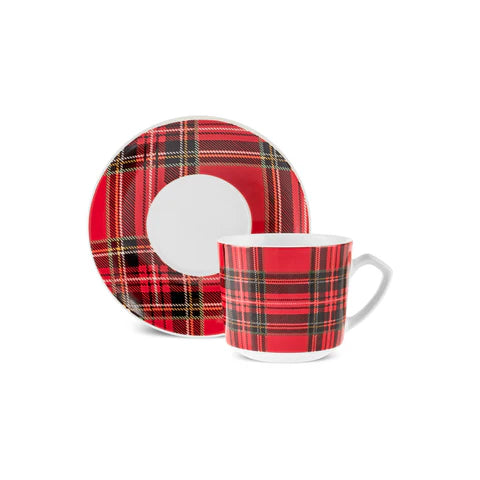 Karaca Ekose V2 4-Delig Bone China Espresso Turks Koffiekopjesset Voor 2 Personen, 80 Ml, Rood