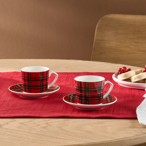 Karaca Ekose V2 4-Piece Bone China Espresso Turkish Coffee Cup Set For 2 Persons, 80 Ml, Red