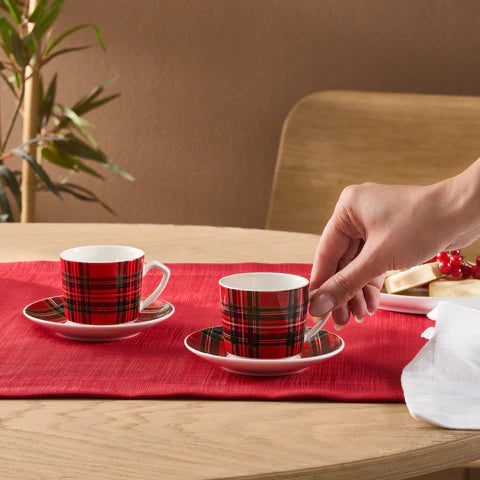 Karaca Ekose V2 4-Piece Bone China Espresso Turkish Coffee Cup Set For 2 Persons, 80 Ml, Red
