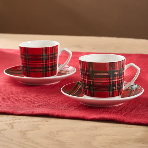 Karaca Ekose V2 4-Piece Bone China Espresso Turkish Coffee Cup Set For 2 Persons, 80 Ml, Red