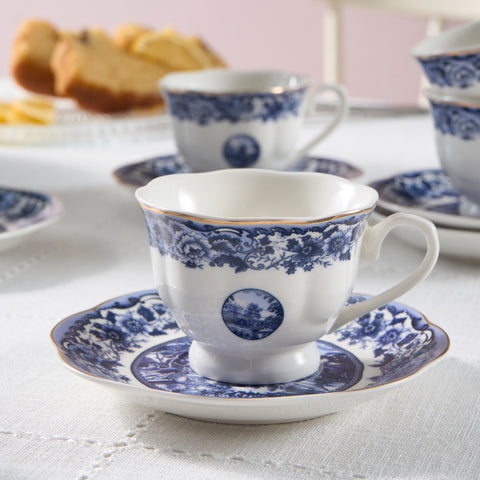 Karaca Old Town 12-delige Bone China Espresso- en Turkse Koffiekoppenset voor 6 Personen, 80 ml, Blauw