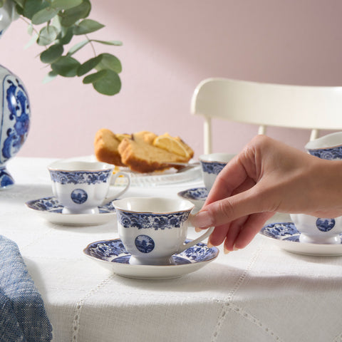 Karaca Old Town 12-delige Bone China Espresso- en Turkse Koffiekoppenset voor 6 Personen, 80 ml, Blauw