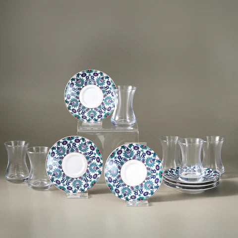 Karaca Edirne 12-delige Bone China Turkse theeset voor 6 personen, 130 ml, Meerkleurig