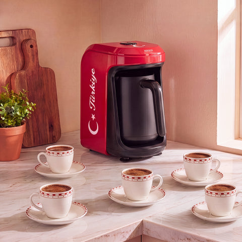 Karaca Hatır Hüps Türkiye – Turkse koffiemachine met melkfunctie, 5 kopjes, met volkslied, vlaggenrood