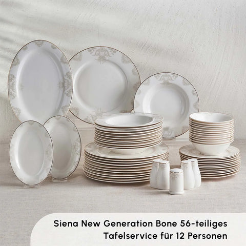 Karaca Siena 56-Delig New Generation Bone Eetservies met Gouden Rand voor 12 Personen
