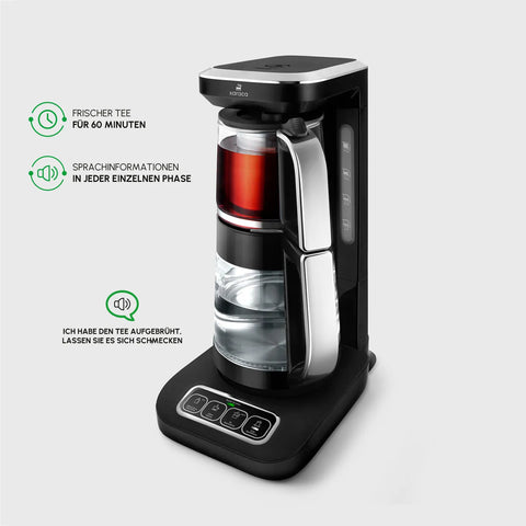 Karaca Çaysever Robotea Pro 4 in 1 Sprekend Automatisch Theezetapparaat met Glas, Waterverwarmer en Filter Koffiezetapparaat 2500W Zwart Chroom