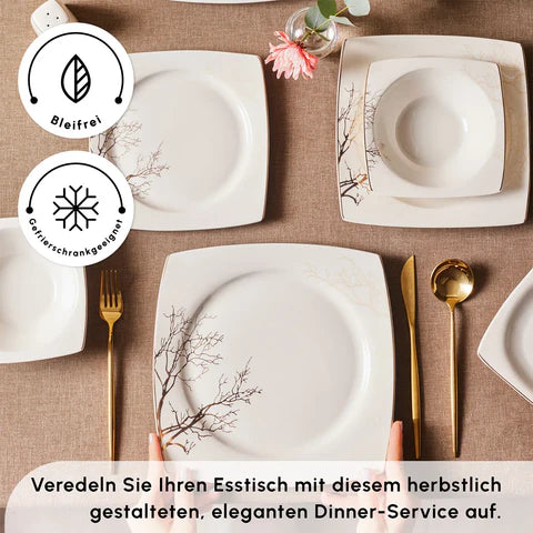 Karaca Square Bone China Autumn 53-Delig Servies voor 12 Personen, Wit Multicolor