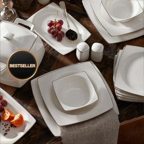 Karaca Talia Cream 60-delige Tafelservies Set voor 12 Personen – Platina, Vierkant